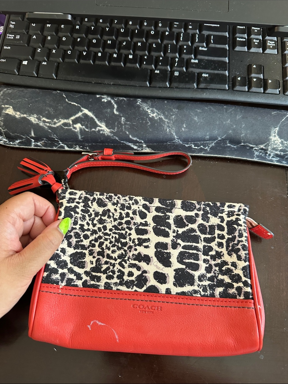 Coach Red Leather & Black-Cream Animal Print Wristlet